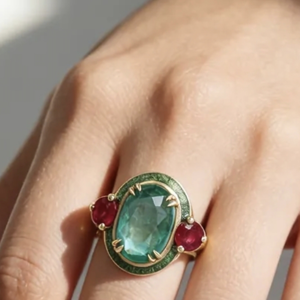 Gold-Plated Emerald And Ruby Statement Ring - Gre… - image 3